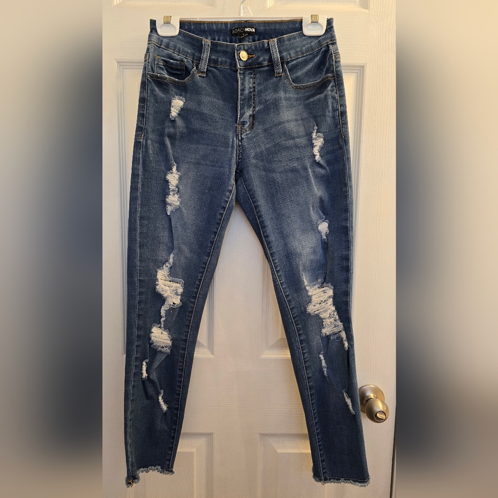 Fashion Nova Distressed Mid Blue Skinny Jeans